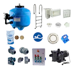 Skimmerli betonarme havuz yapımı setine ait standart ekipmanlar: kum filtresi, pompa, elektrik panosu, vanalar, PVC borular, merdiven, skimmer, dip süzgeç ve aydınlatma armatürleri.