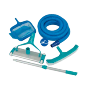 Havuz temizlik seti; vakum hortumu, süpürge başlığı, fırça, kepçe, teleskopik sap ve test kitinden oluşan 7 parçalı profesyonel ekipman paketi.